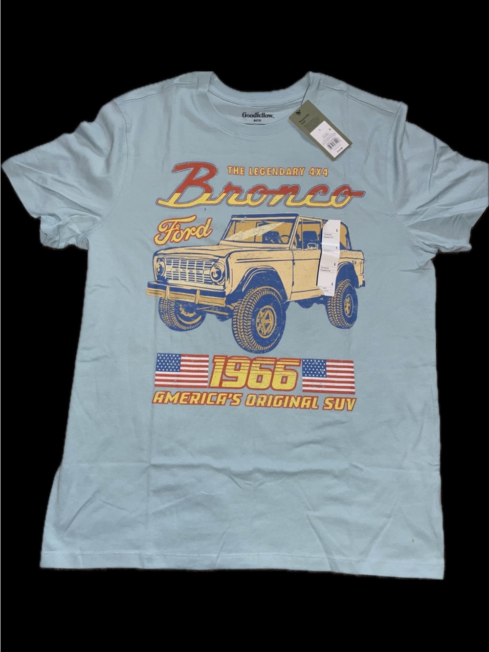 Ford Bronco Graphic Tee - Light Blue with Yellow & Navy Print Size L